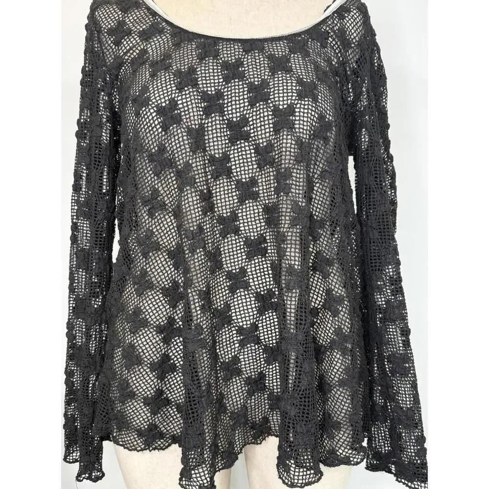 Free People Black Crochet Open-Back Long Sleeve Top with White Trim